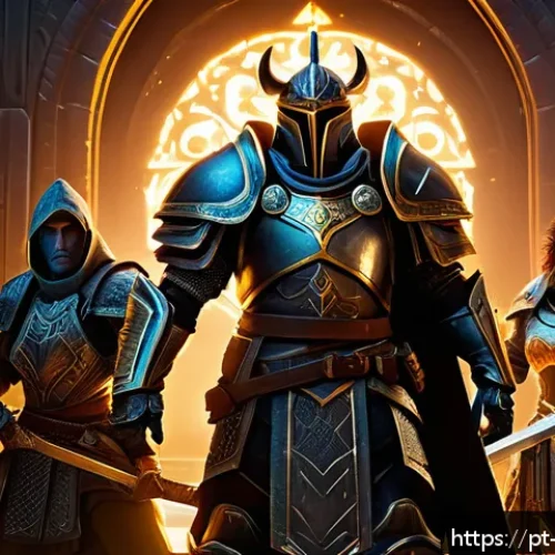 Home 14 블레이드소울 레볼루션 현질 없이 게임 즐기기 - A dynamic fantasy MMORPG scene showcasing a diverse group of four players in detailed armor and cost...