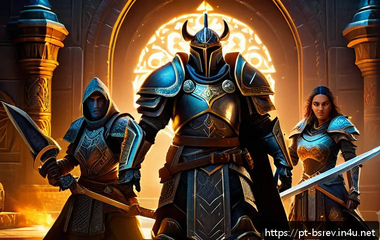 블레이드소울 레볼루션 현질 없이 게임 즐기기 - A dynamic fantasy MMORPG scene showcasing a diverse group of four players in detailed armor and cost...