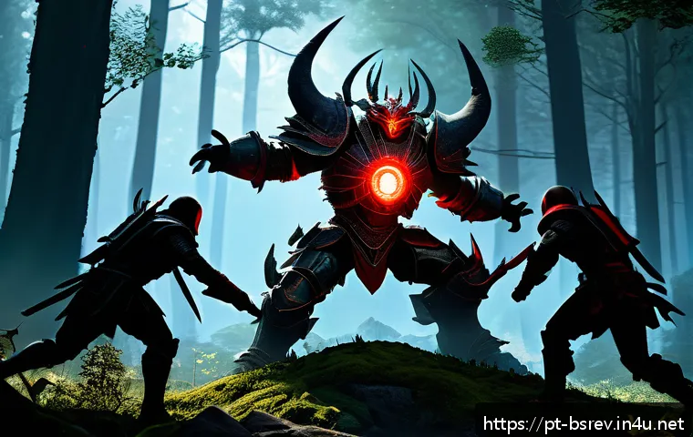 블레이드소울 레볼루션 필드 보스 패턴 분석 - A detailed fantasy boss battle scene set in a lush, mystical forest clearing during twilight, featur...