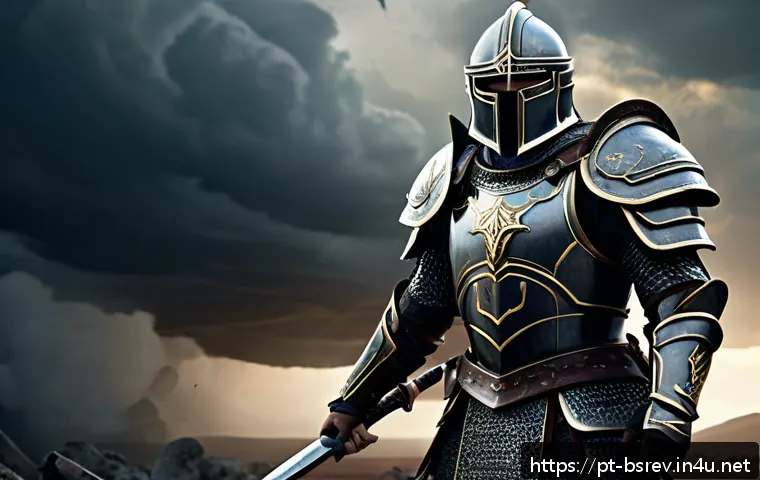 블레이드소울 레볼루션 아이템 잠재 옵션 분석 - A fierce warrior clad in heavy armor with intricate engravings, standing confidently on a battlefiel...