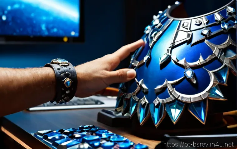 블레이드소울 레볼루션 최상급 장비 제작법 - Photorealistic fantasy game crafting scene, a focused Portuguese gamer’s hands assembling ornate top...